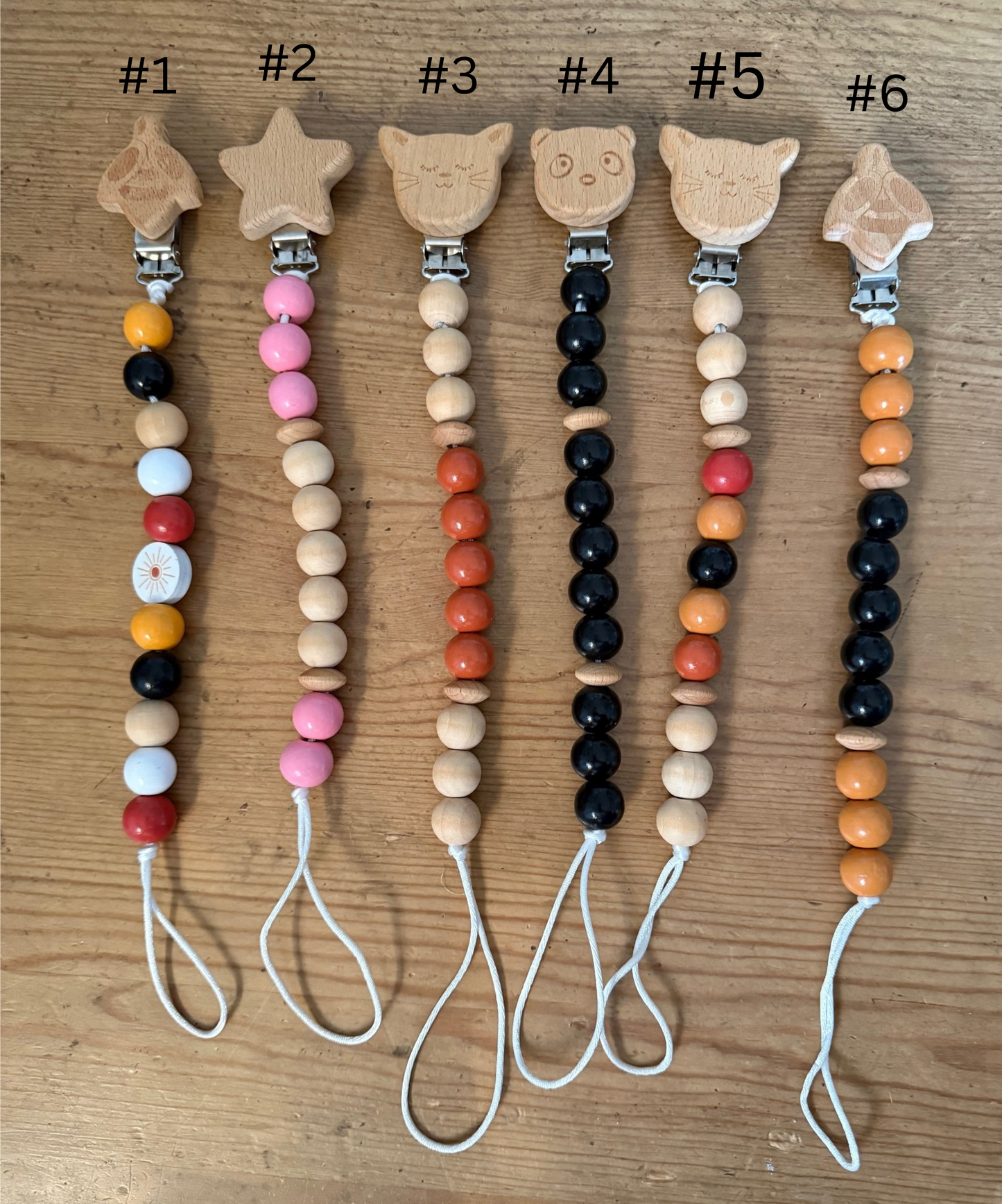 Wooden BEE STAR CAT PANDA Beaded Pacifier Clips Teether Toy Leash