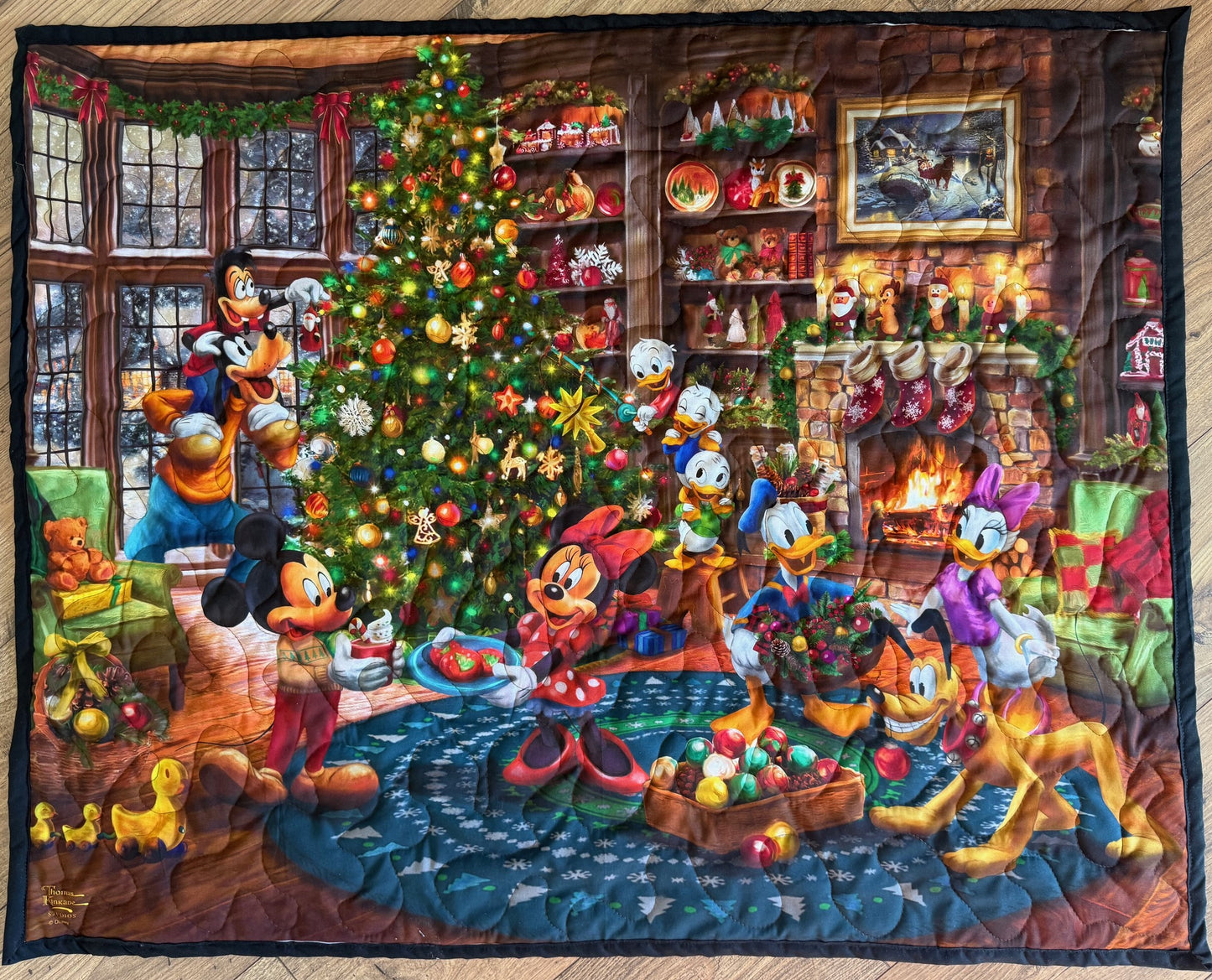 CHRISTMAS TRIMMING THE TREE HOLIDAY DREAMS MICKEY MINNIE MOUSE, GOOFY, DONALD DUCK INSPIRED QUILTED BLANKET