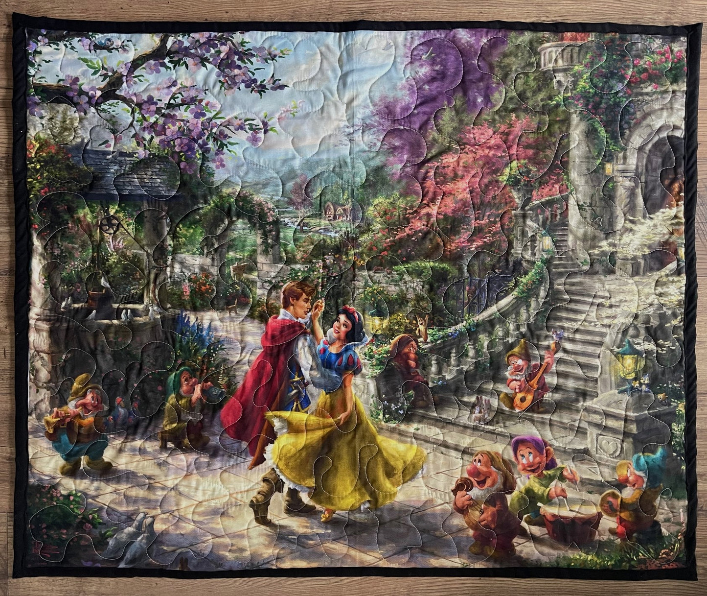 SNOW WHITE & PRINCE CHARMING DANCING SEVEN DWARFS Inspired Quilted Blanket DIGITAL PRINTED FABRIC