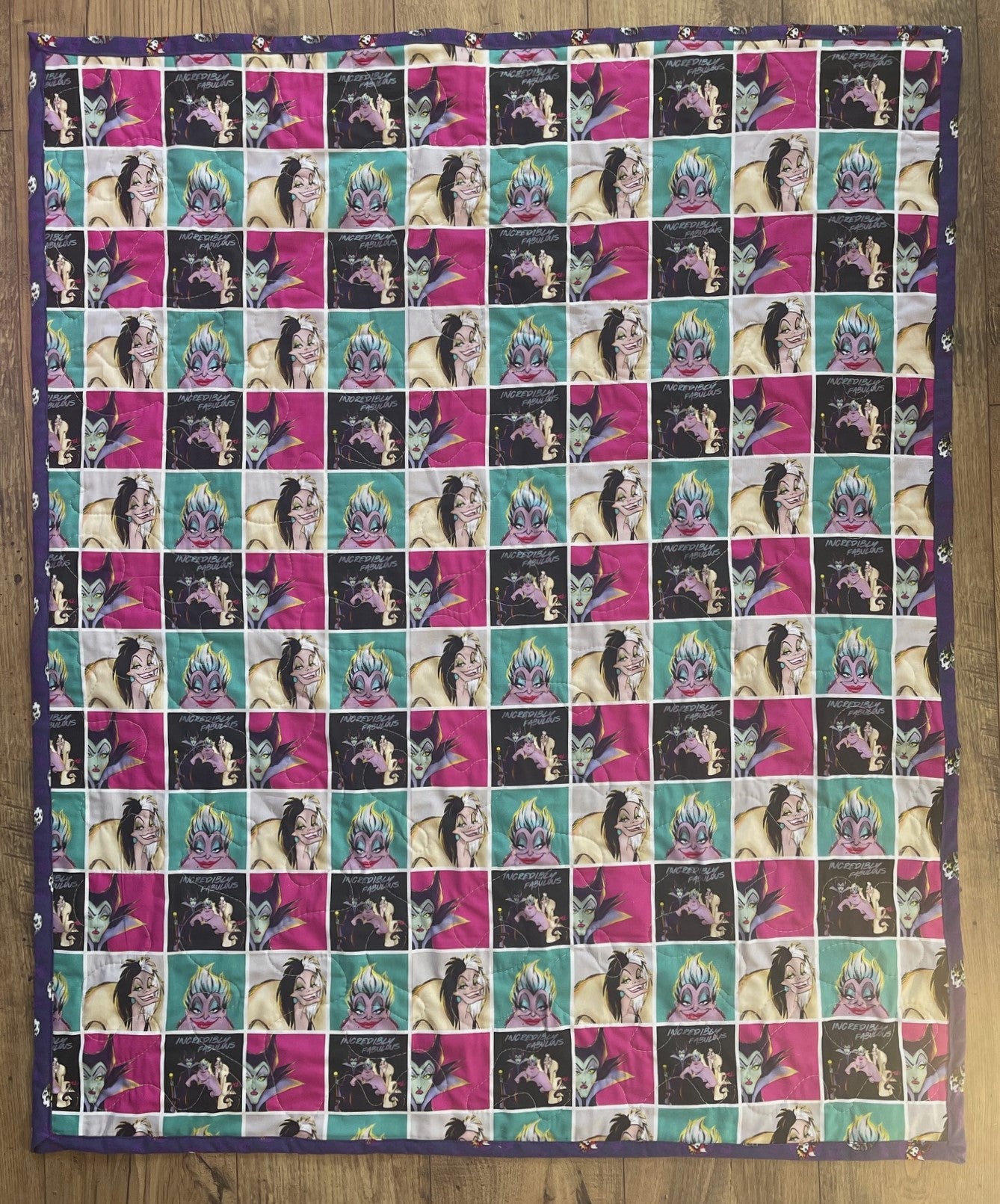 INCREDIBLY FABULOUS VILLAINS, URSULA, EVIL WITCH, CRUELLA DE VIL, MALEFICENT INSPIRED QUILTED BLANKET