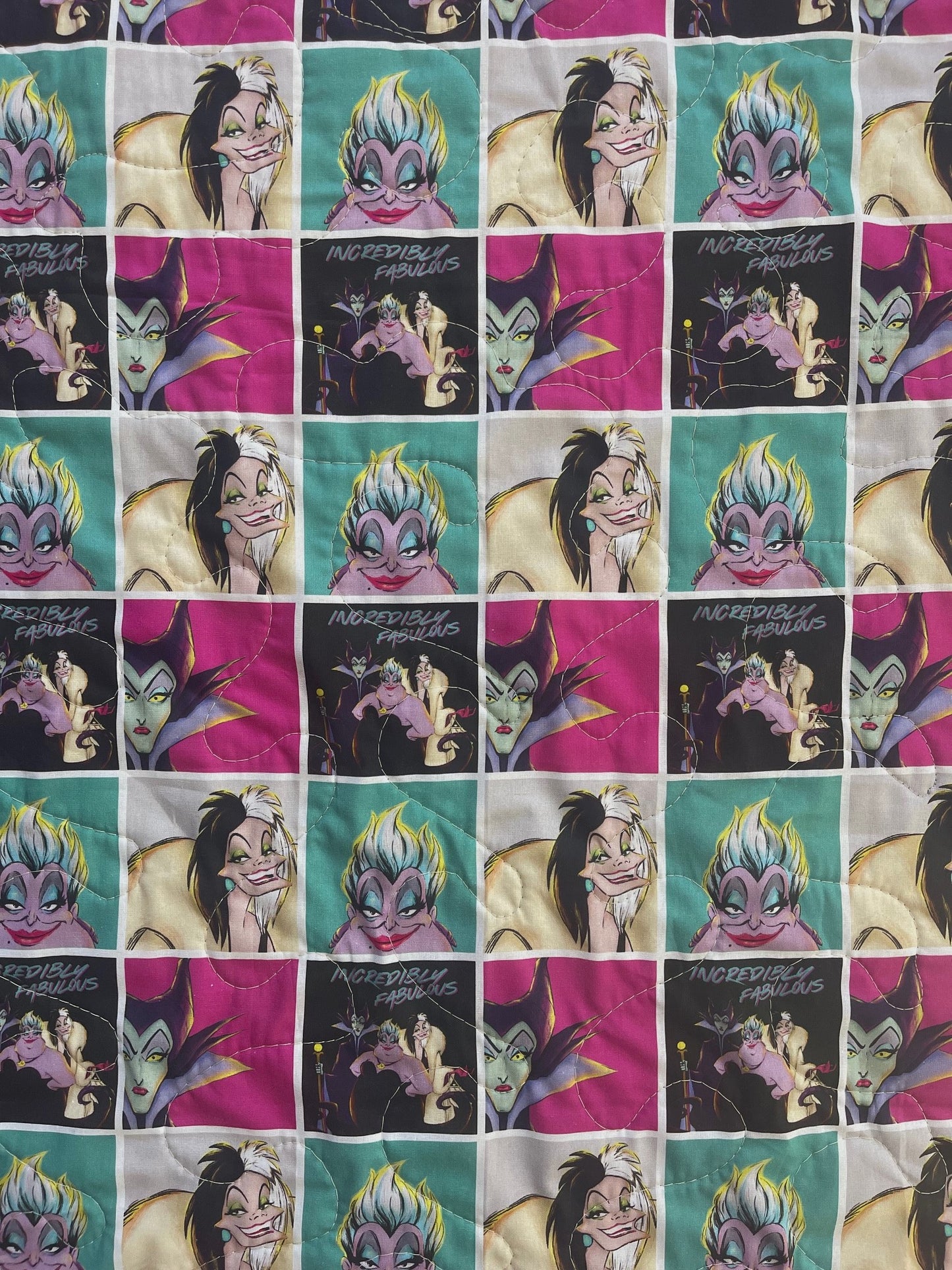INCREDIBLY FABULOUS VILLAINS, URSULA, EVIL WITCH, CRUELLA DE VIL, MALEFICENT INSPIRED QUILTED BLANKET