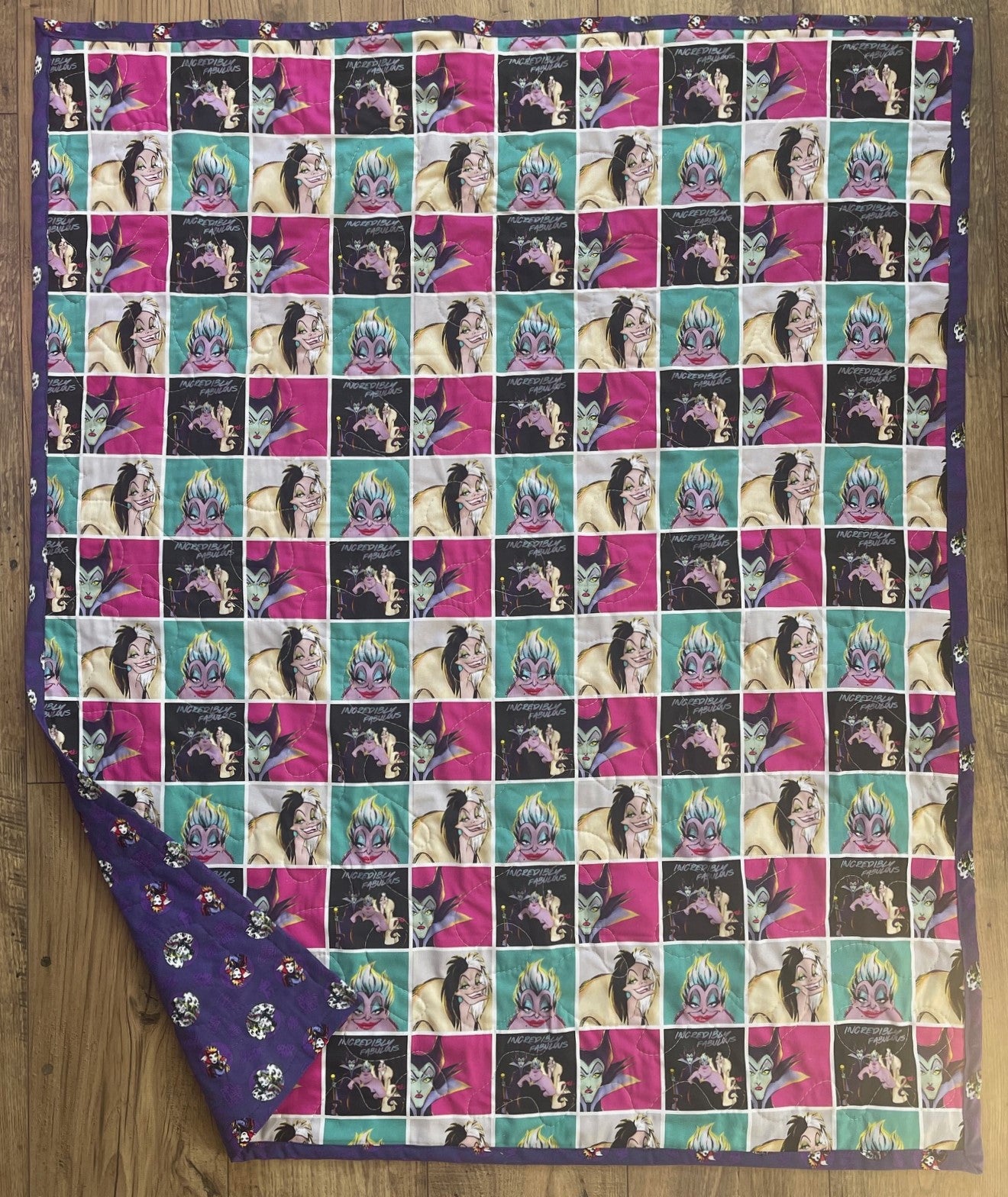 INCREDIBLY FABULOUS VILLAINS, URSULA, EVIL WITCH, CRUELLA DE VIL, MALEFICENT INSPIRED QUILTED BLANKET