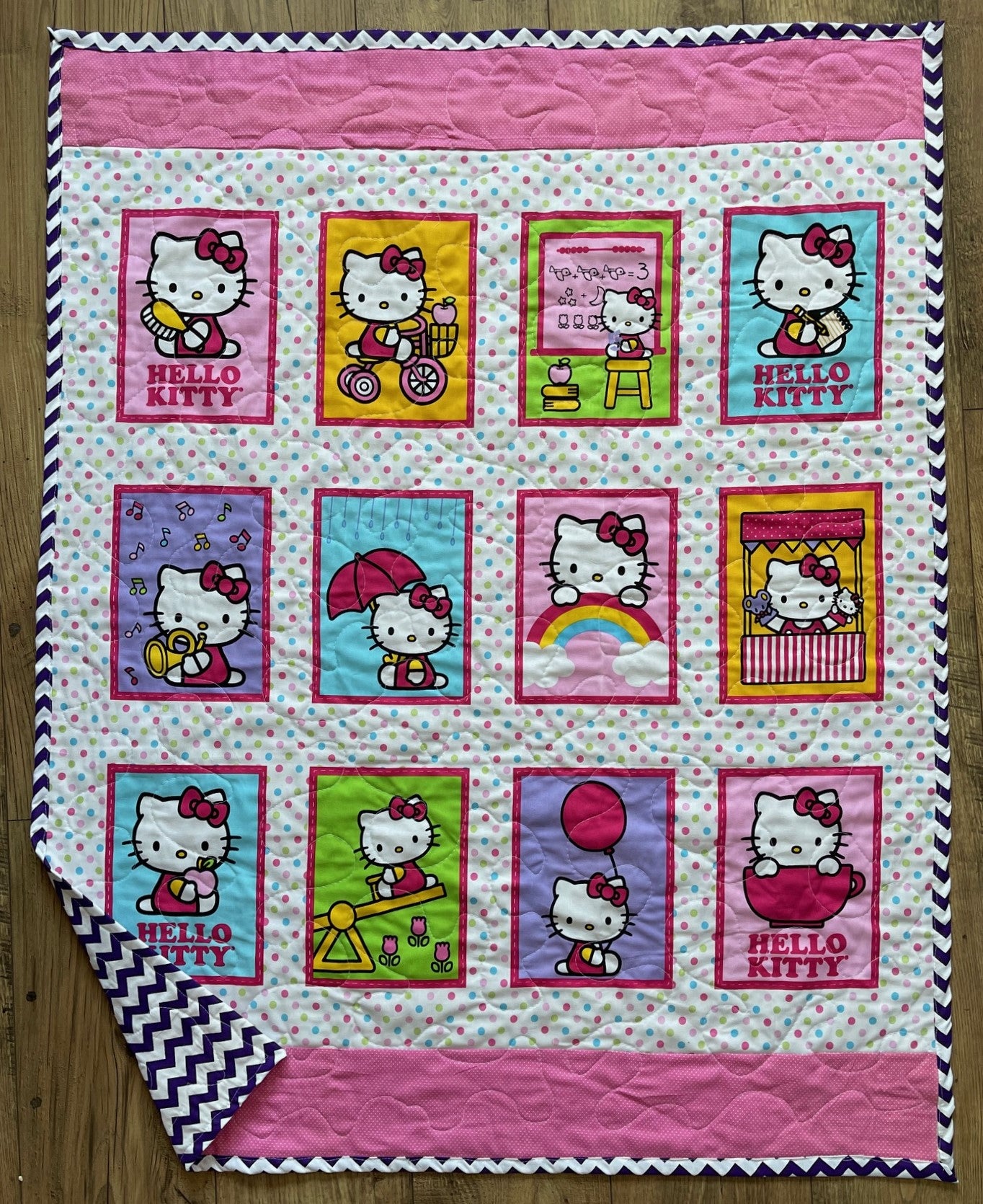 HELLO KITTY STORY BLOCKS INSPIRED QUILTED BLANKET 1 AVAILABLE