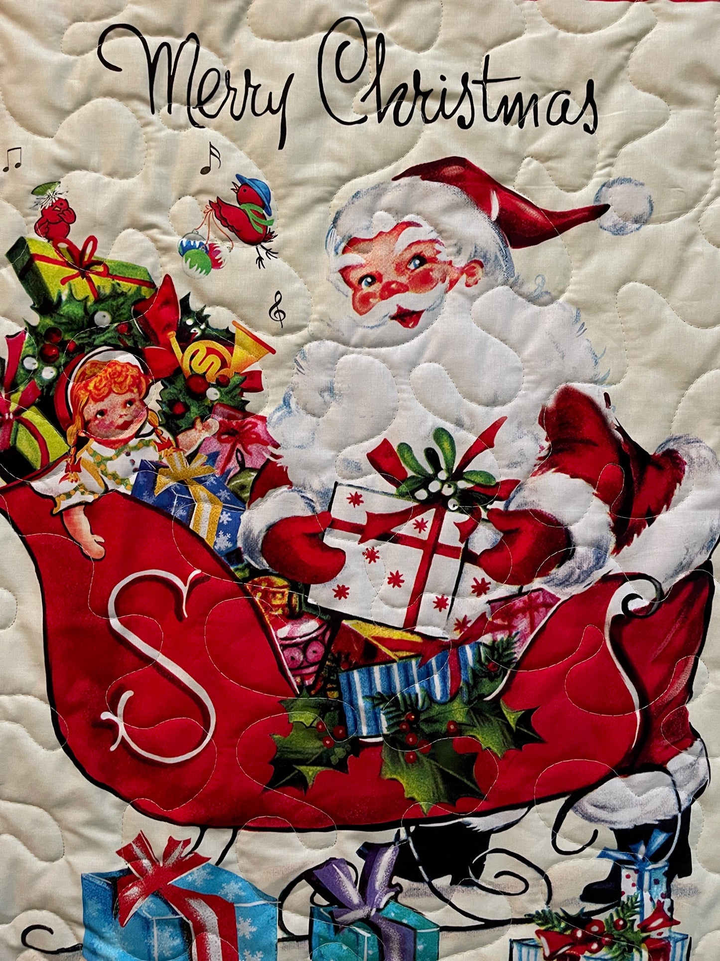 VINTAGE MERRY CHRISTMAS SANTA AND HIS SLEIGH OF TOYS Quilted Blanket