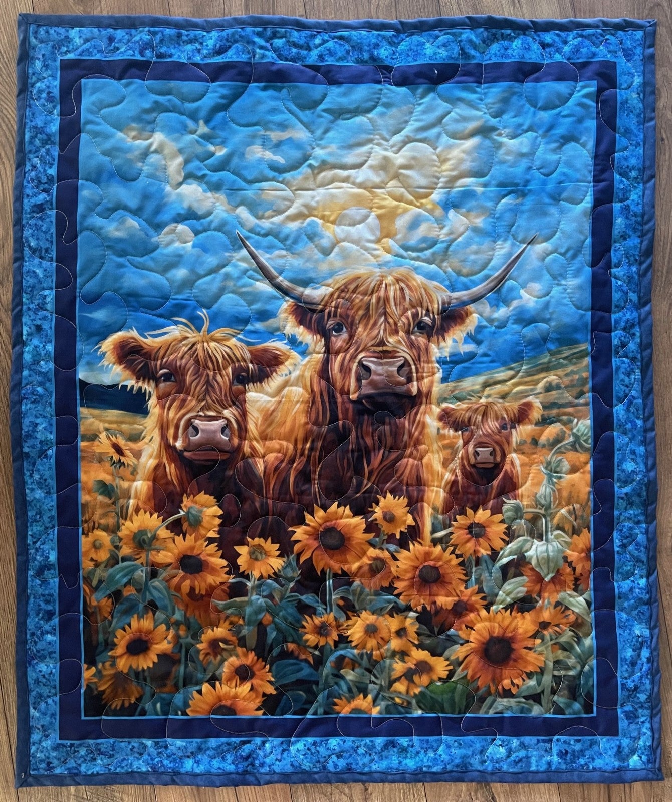 HIGHLAND COWS IN SUNFLOWERS COLORFUL QUILTED BLANKET