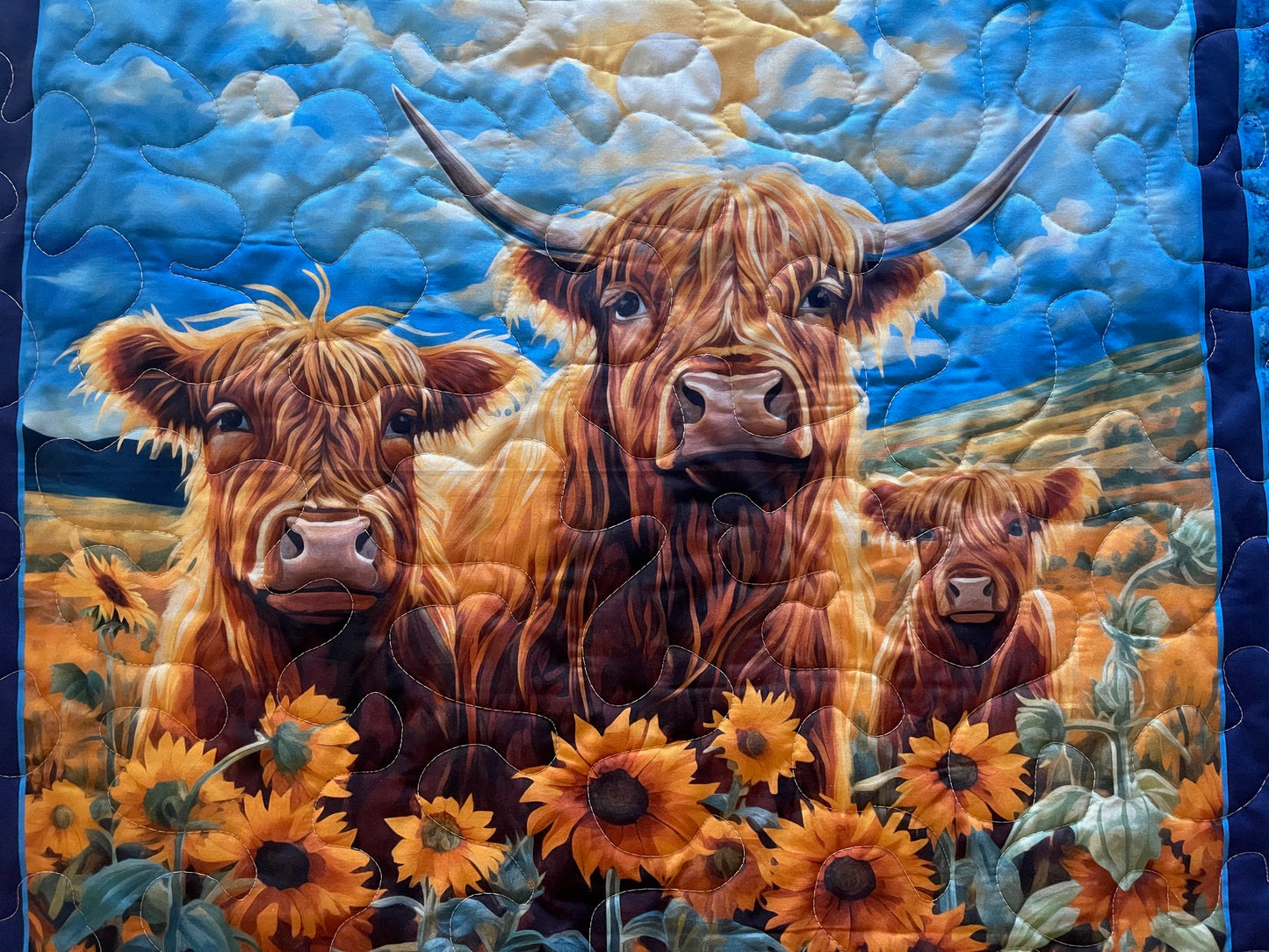 HIGHLAND COWS IN SUNFLOWERS COLORFUL QUILTED BLANKET