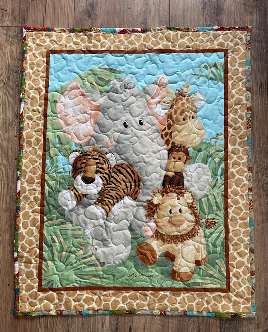 JUNGLE BABY ANIMALS ELEPHANT, LION, GIRAFFE, MONEY & TIGER Handmade Quilted Blanket