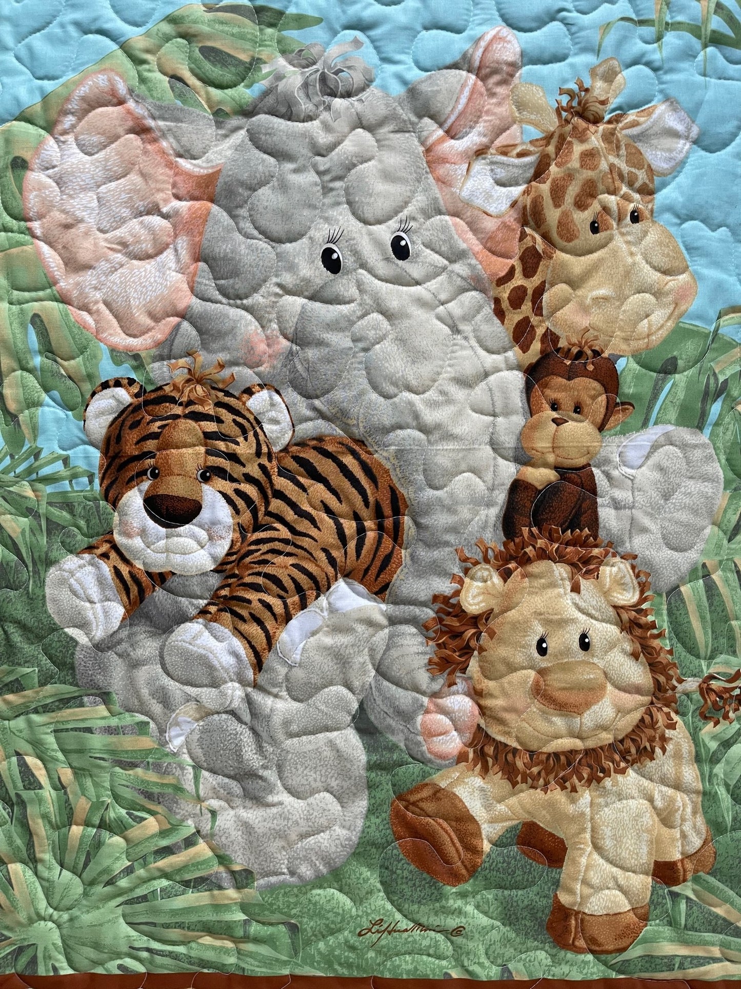 JUNGLE BABY ANIMALS ELEPHANT, LION, GIRAFFE, MONEY & TIGER Handmade Quilted Blanket