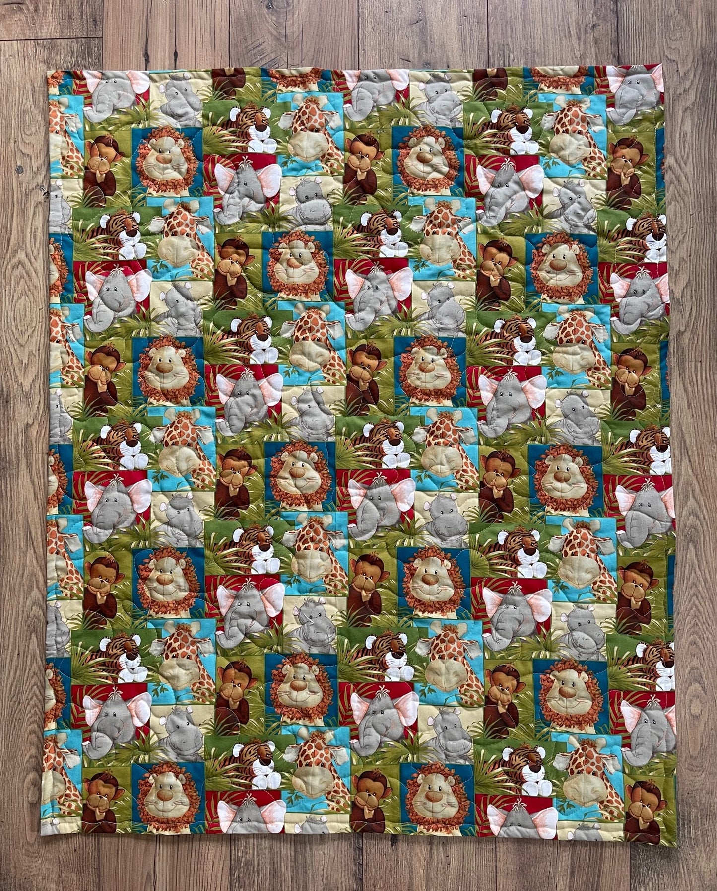 JUNGLE BABY ANIMALS ELEPHANT, LION, GIRAFFE, MONEY & TIGER Handmade Quilted Blanket