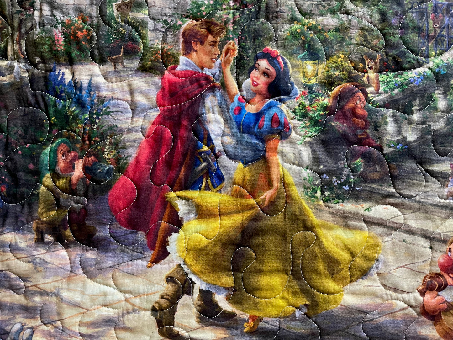 SNOW WHITE & PRINCE CHARMING DANCING SEVEN DWARFS Inspired Quilted Blanket DIGITAL PRINTED FABRIC
