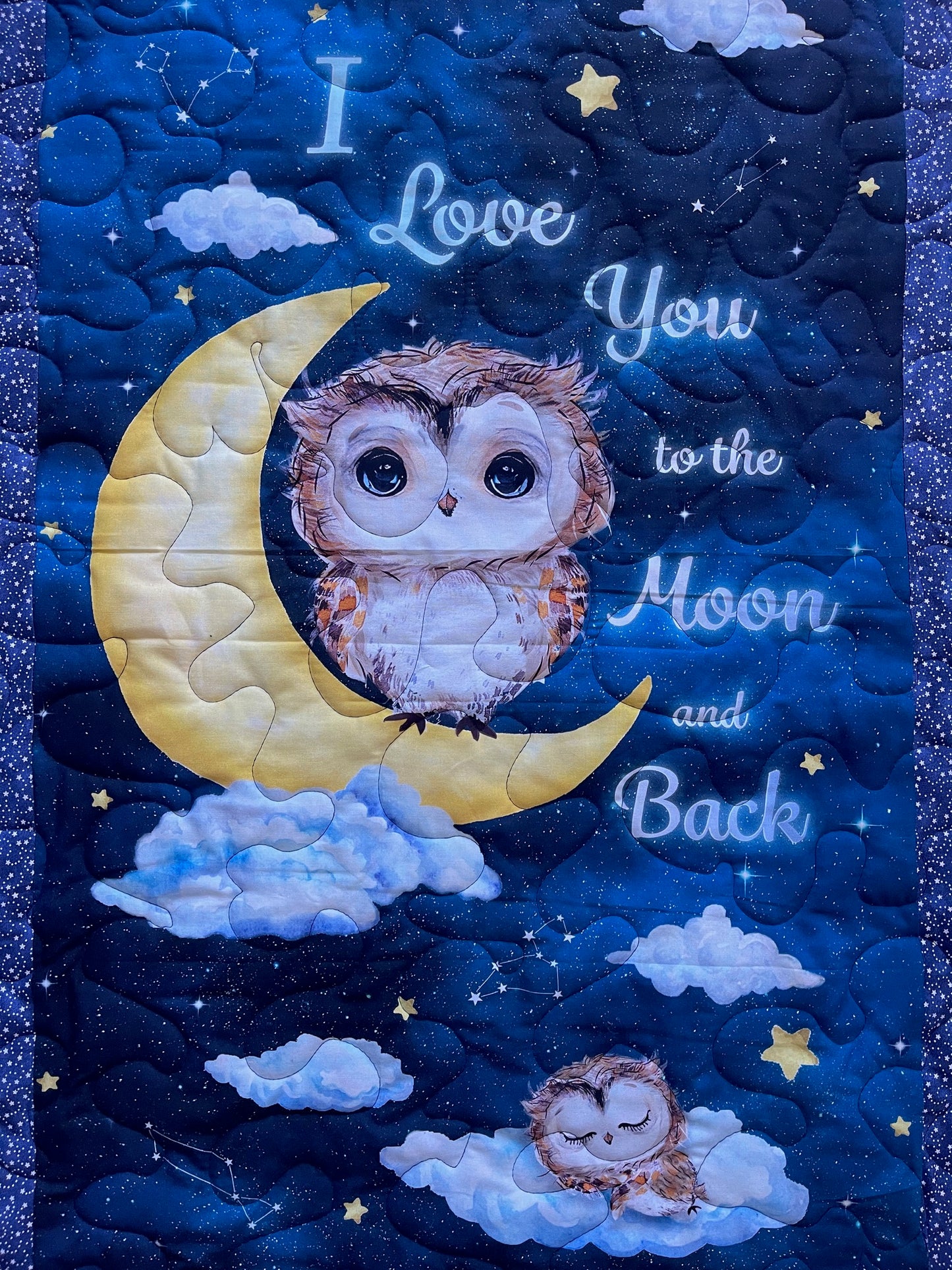 I LOVE YOU TO THE MOON AND BACK OWL FAMILY QUILTED BLANKET