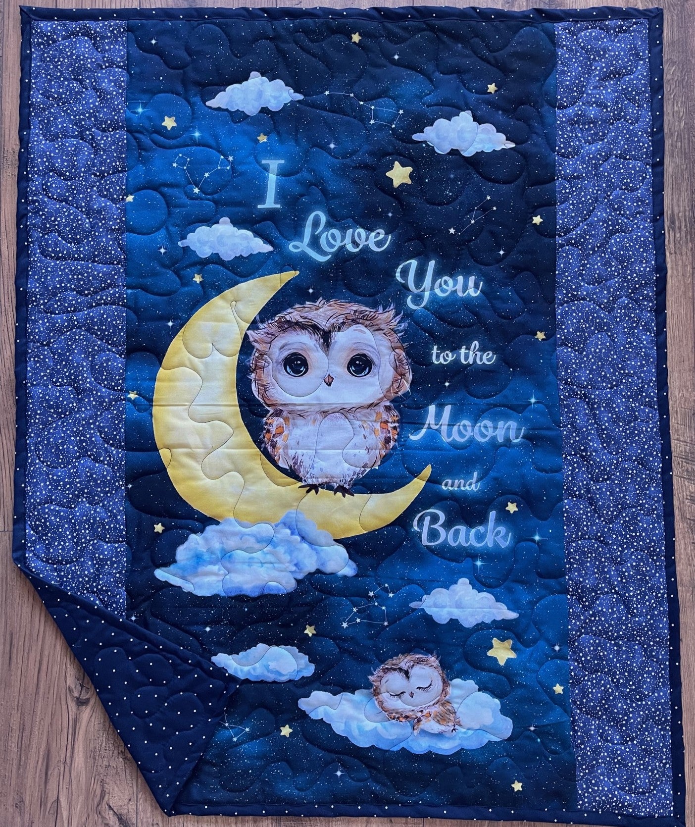 I LOVE YOU TO THE MOON AND BACK OWL FAMILY QUILTED BLANKET