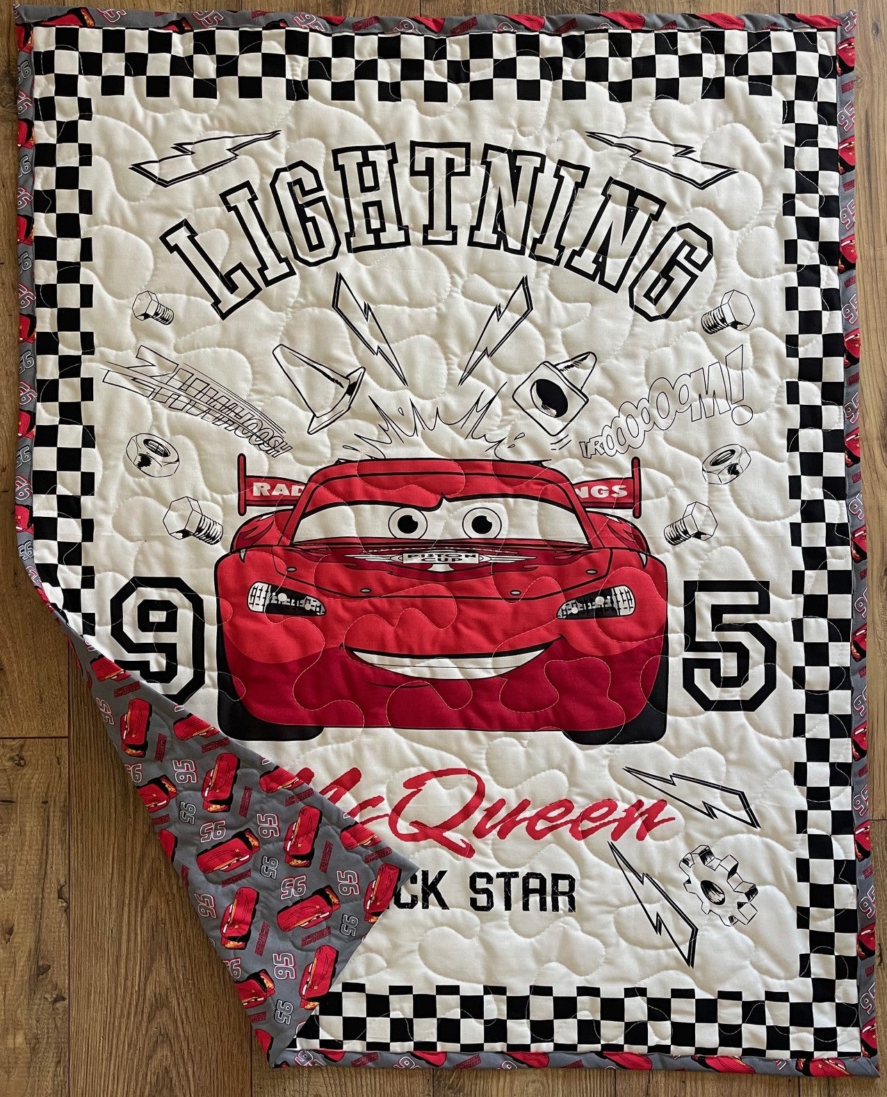 CARS LIGHTNING MC QUEEN 95 INSPIRED Quilted Blanket TRACK STAR Reversible Blanket