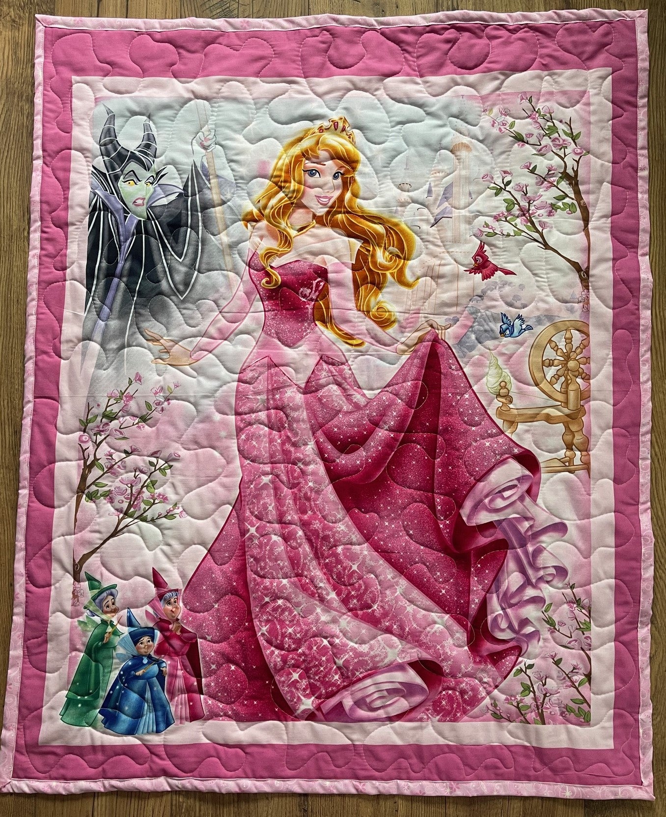 SLEEPING BEAUTY PRINCESS AURORA, BRIAR ROSE with FAIRY GODMOTHERS & MALEFICENT Inspired Quilted Blanket
