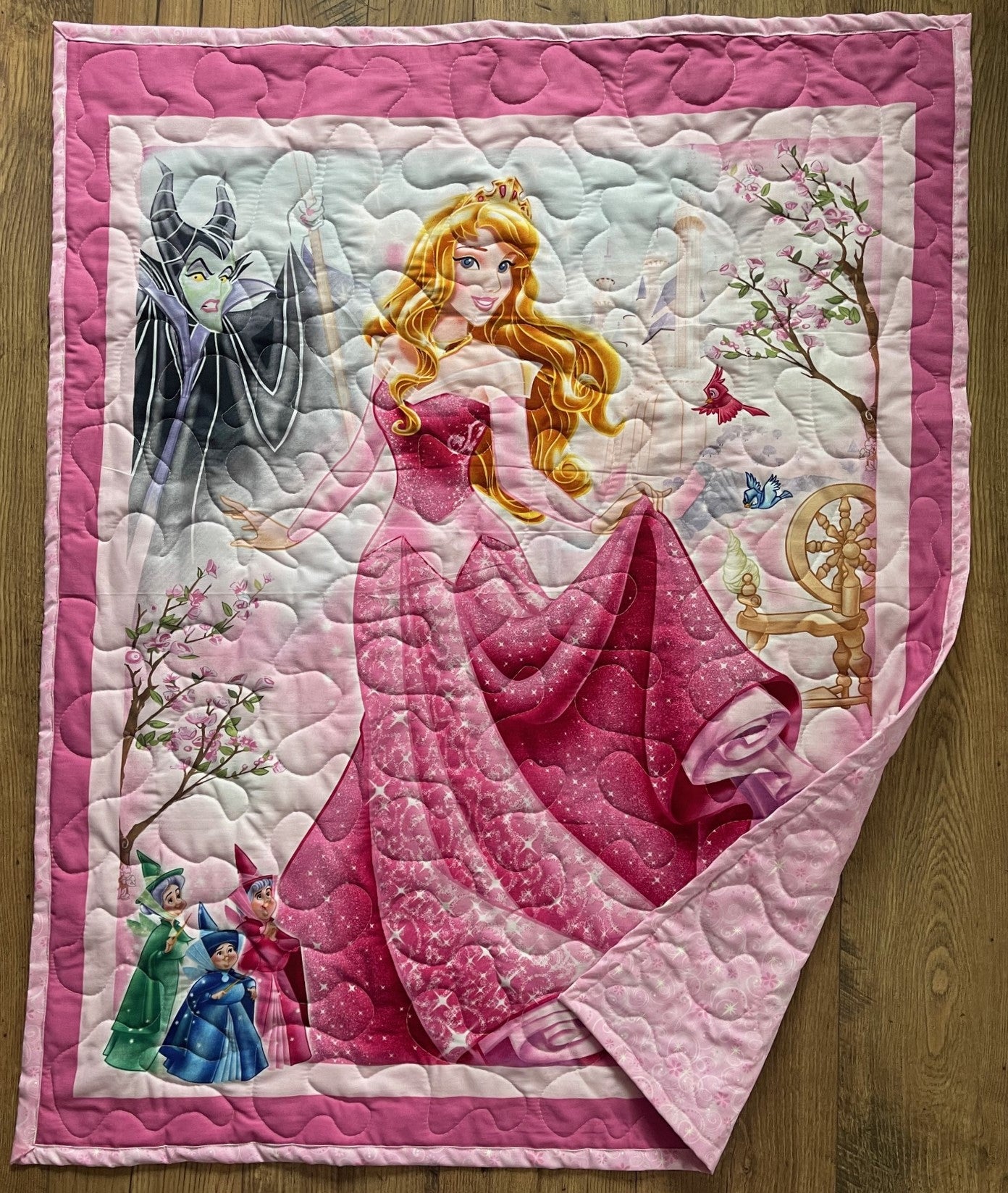 SLEEPING BEAUTY PRINCESS AURORA, BRIAR ROSE with FAIRY GODMOTHERS & MALEFICENT Inspired Quilted Blanket
