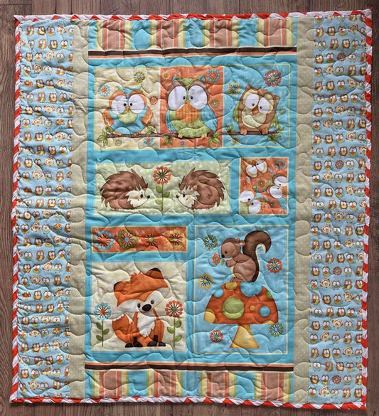 NATURE OWLS FOX SQUIRRELS PORCUPINES QUILTED BLANKET 39"X42"