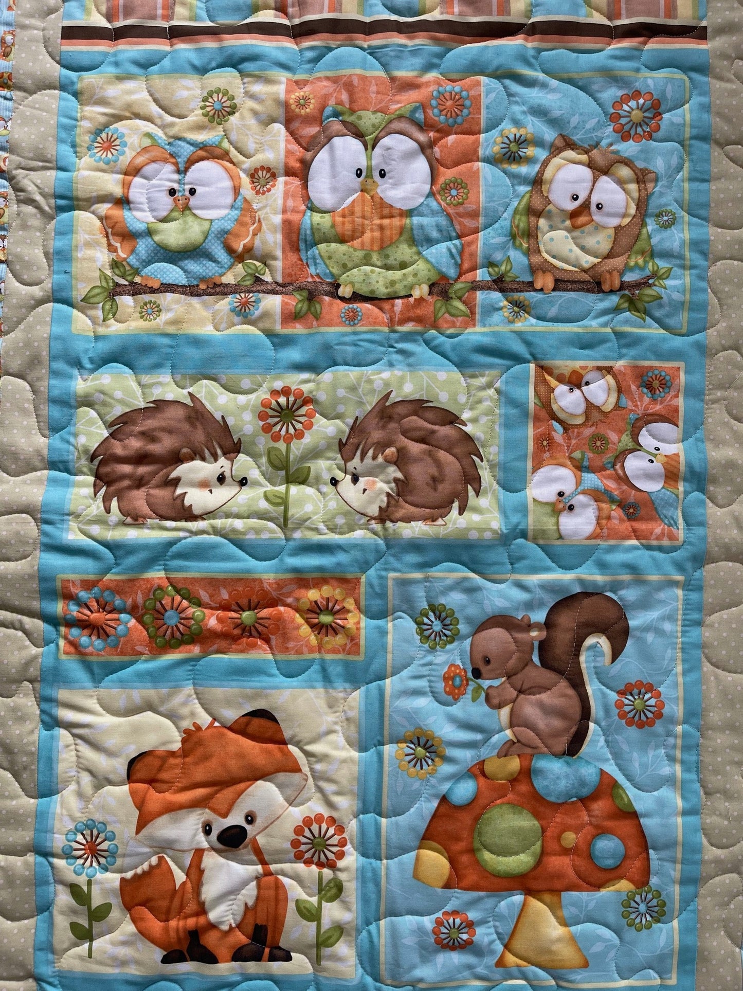 NATURE OWLS FOX SQUIRRELS PORCUPINES QUILTED BLANKET 39"X42"