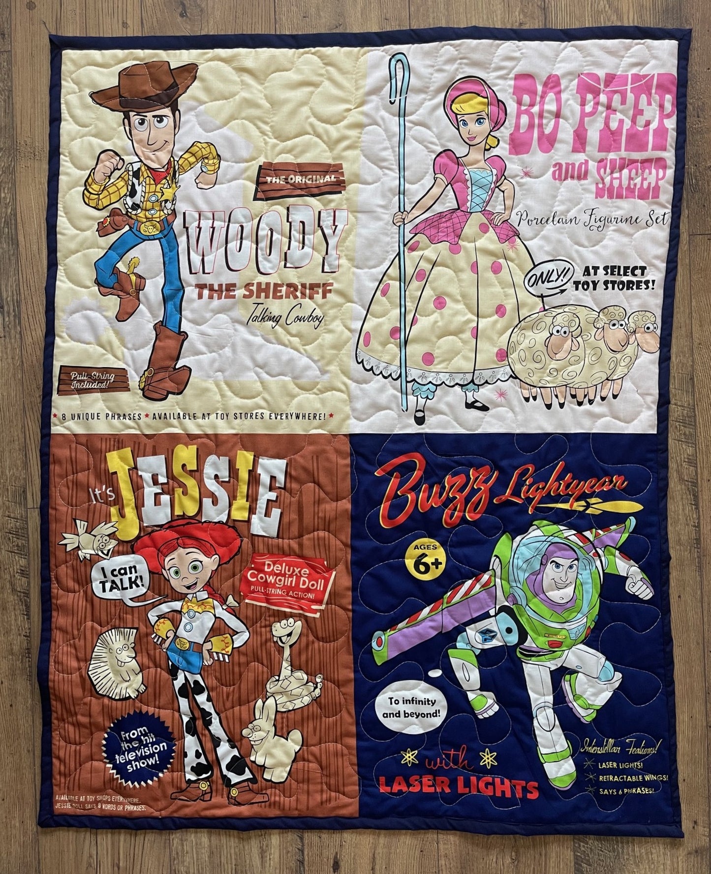 DISNEY PIXAR TOY STORY BUZZ LIGHTYEAR, SHERIFF WOODY, JESSE & BO PEEP INSPIRED QUILTED BLANKET