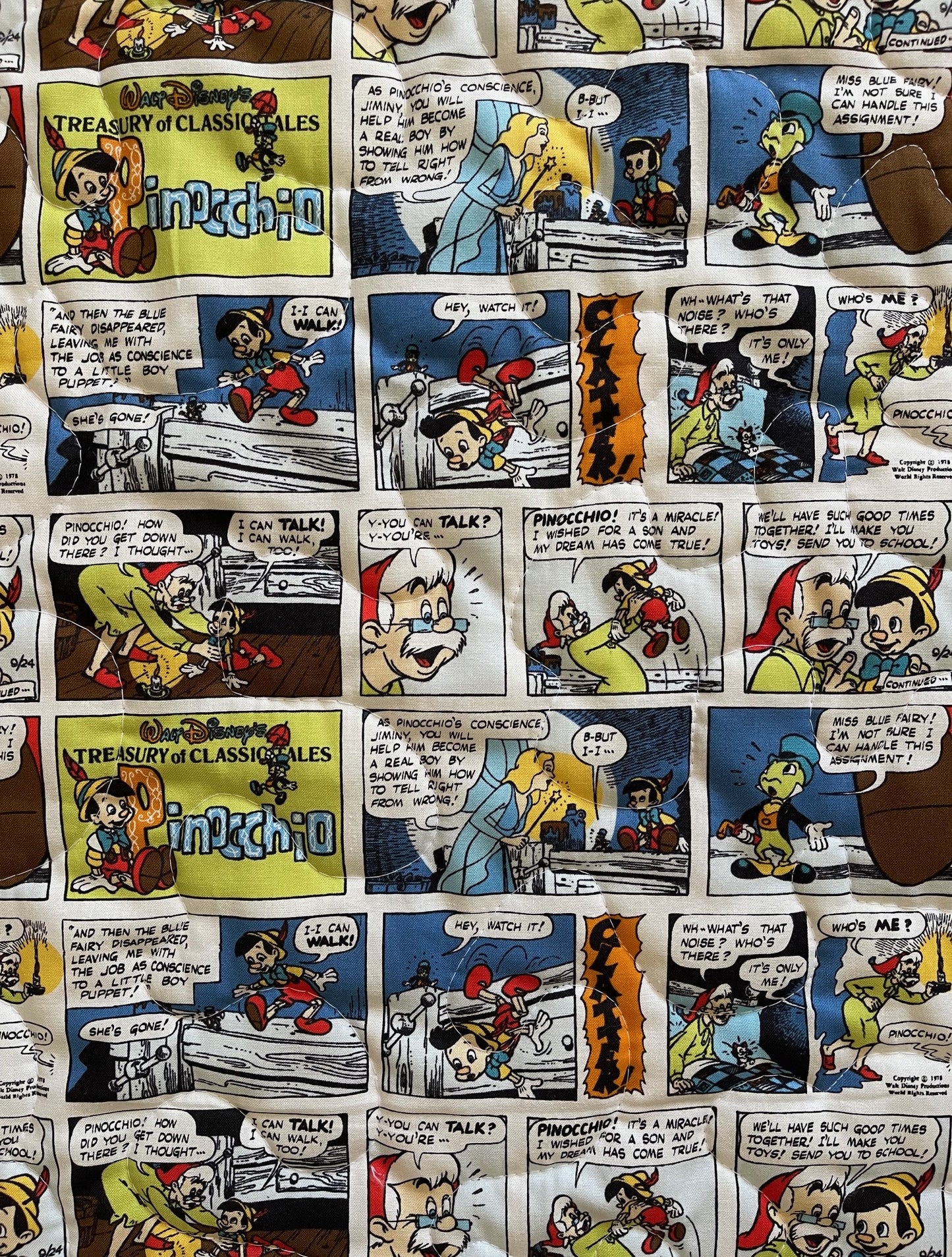 DISNEY CLASSIC PINOCCHIO Inspired Quilted Blanket Comic Book backing fabric