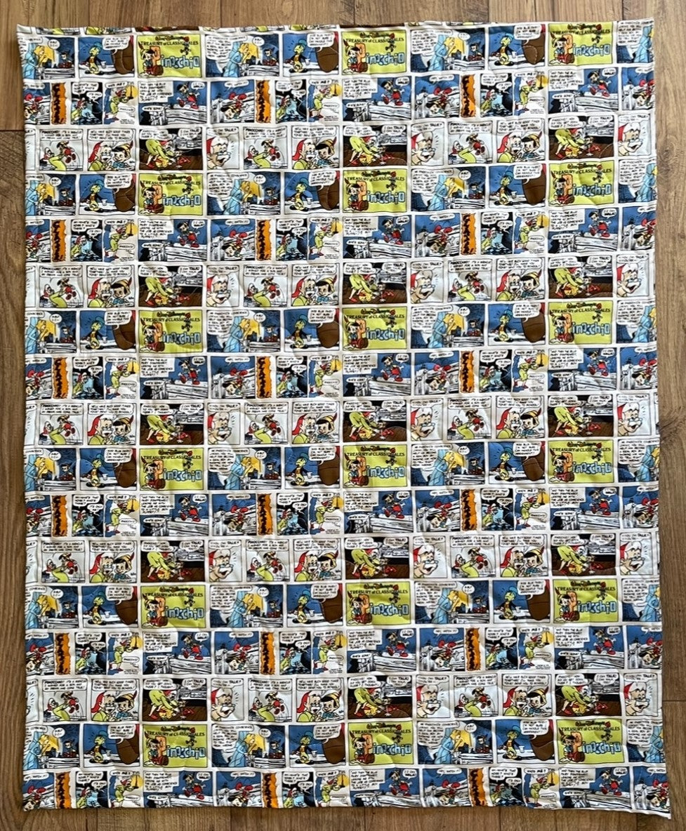 DISNEY CLASSIC PINOCCHIO Inspired Quilted Blanket Comic Book backing fabric