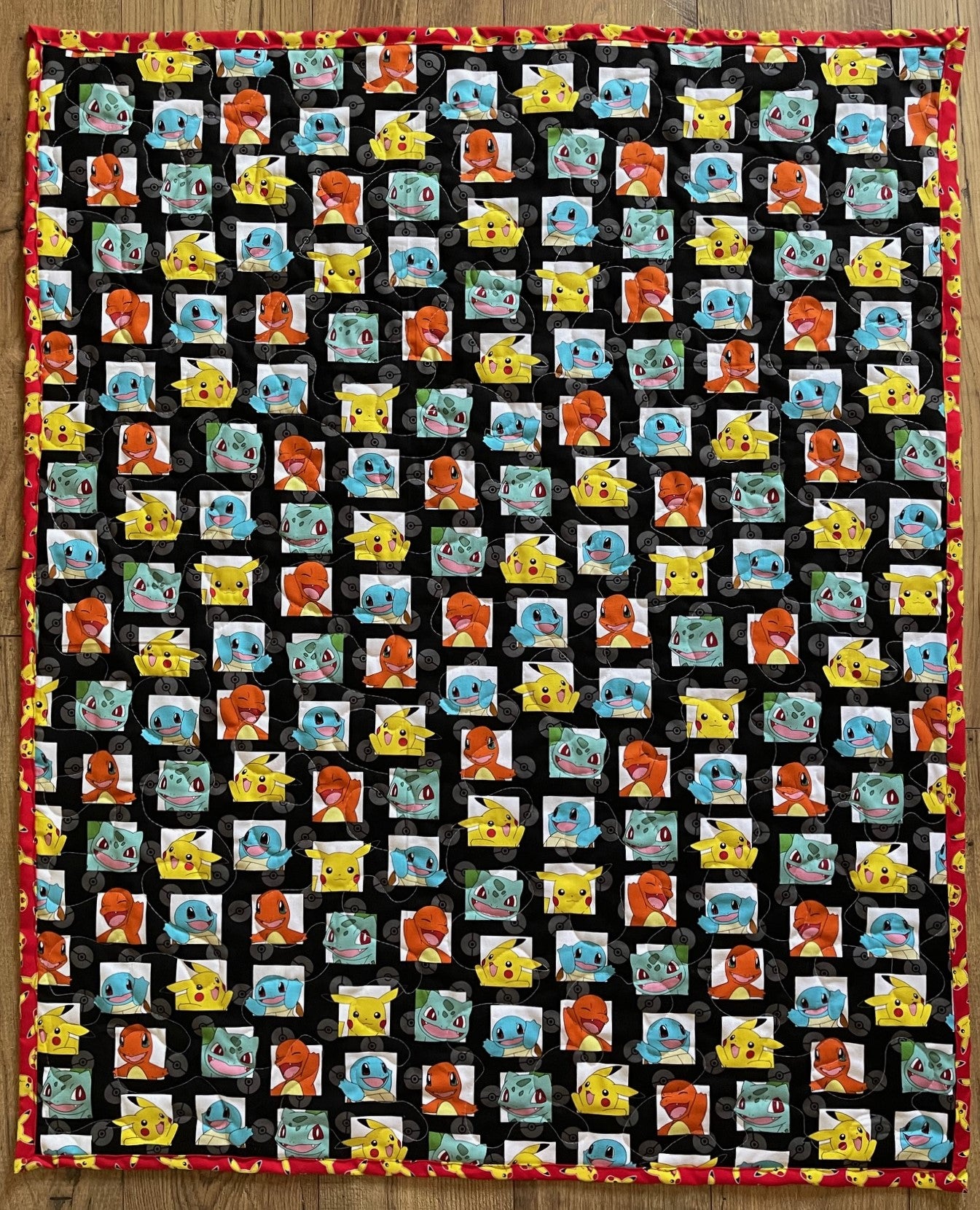 POKEMON VIDEO GAME ANIME Inspired PIKACHU, BULBASAUR, SQUIRTLE & CHARMANDER BLACK Reversible Quilted Blanket Comforter