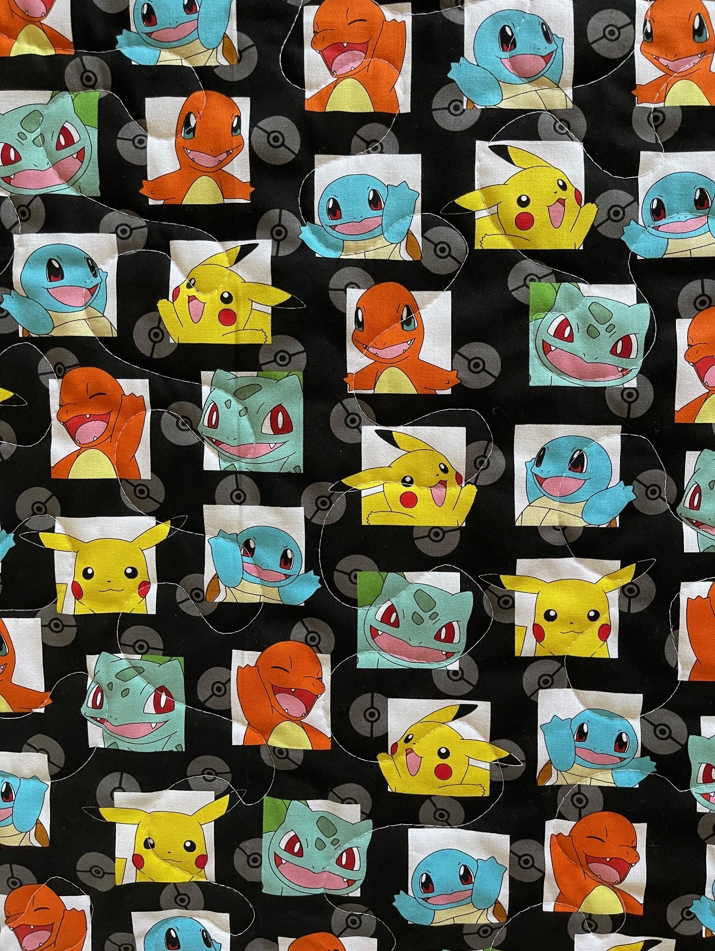 POKEMON VIDEO GAME ANIME Inspired PIKACHU, BULBASAUR, SQUIRTLE & CHARMANDER BLACK Reversible Quilted Blanket Comforter