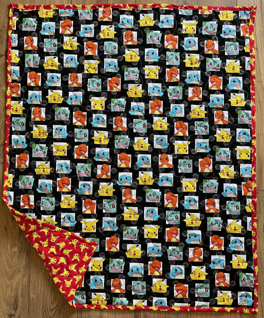 POKEMON VIDEO GAME ANIME Inspired PIKACHU, BULBASAUR, SQUIRTLE & CHARMANDER BLACK Quilted Blanket Comforter