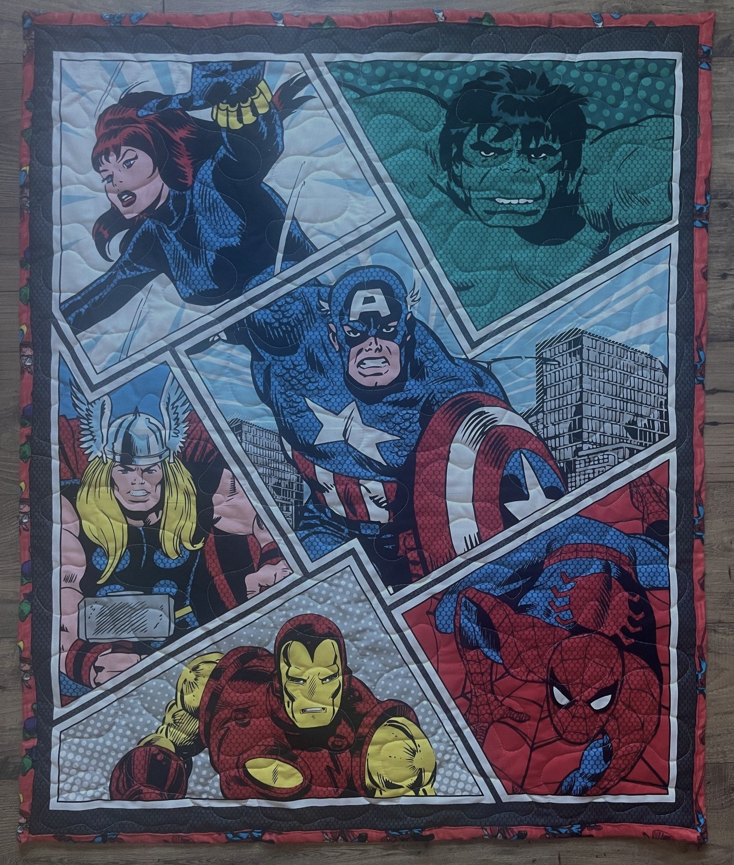 MARVEL SUPERHEROES AVENGERS BLACK WIDOW, SPIDER MAN, THOR, THE HULK, IRON MAN, CAPTAIN AMERICA Inspired Quilted Blanket Soft Flannel Backing