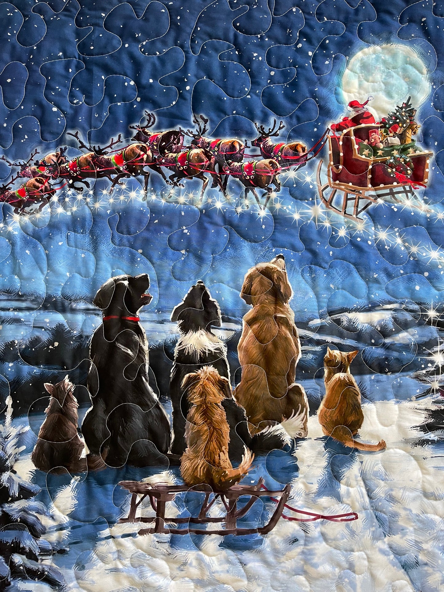 THE NIGHT BEFORE CHRISTMAS PUPS & CAT WATCHING SANTA CLAUS Quilted Blanket