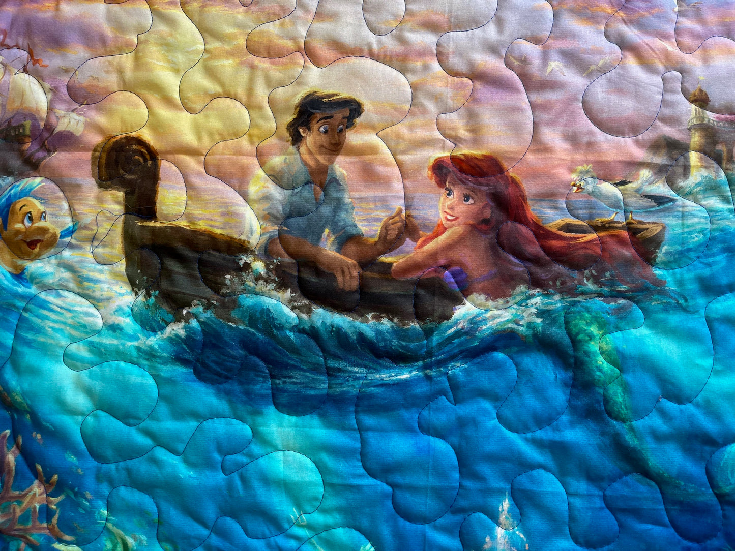 LITTLE MERMAID Inspired ARIEL AND ERIC FALLING IN LOVE QUILTED Blanket Digital Fabric