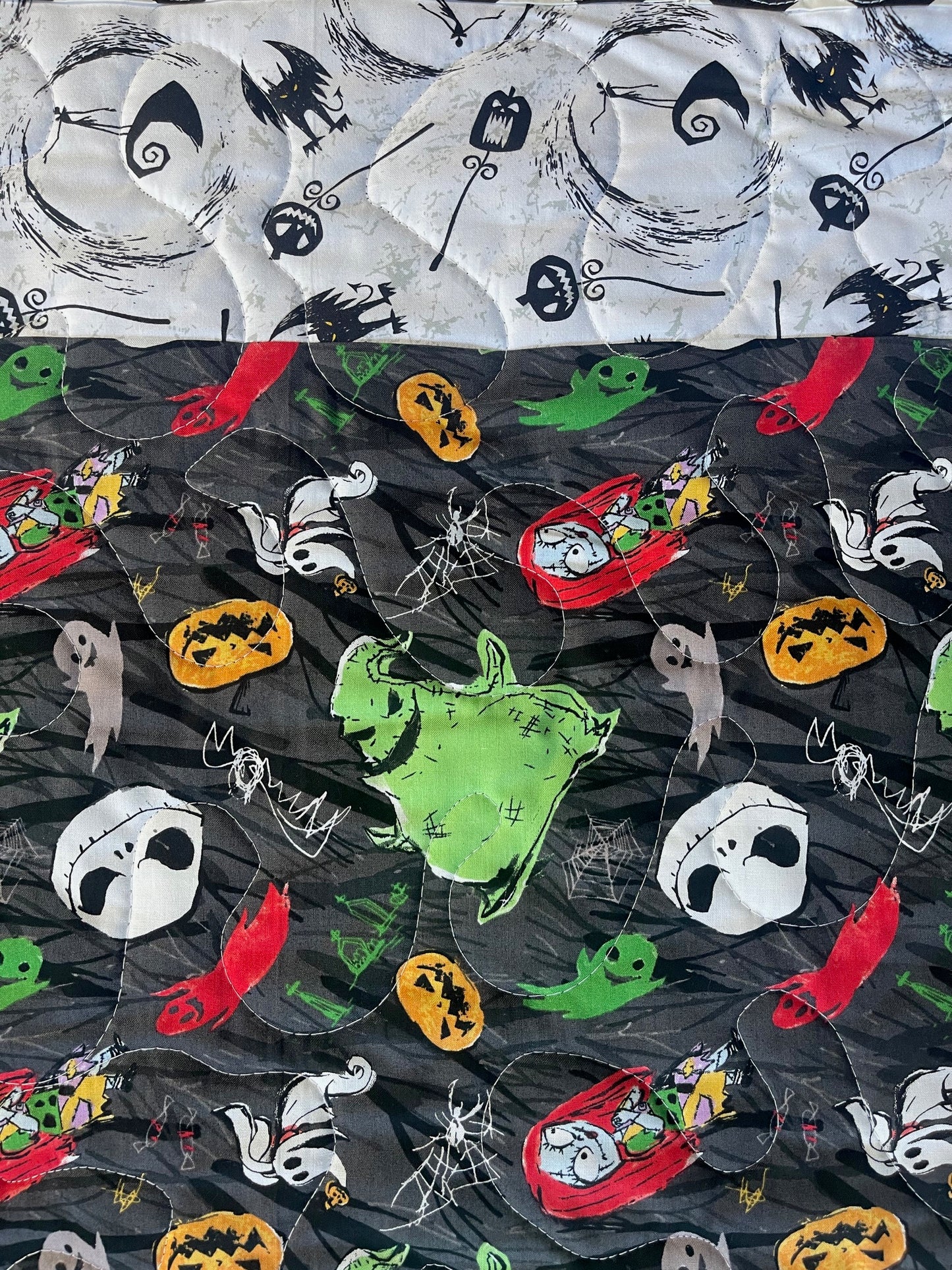 NIGHTMARE BEFORE CHRISTMAS CHARACTERS, OOGIE BOOGIE, ZERO, JACK & SALLY QUILTED BLANKET