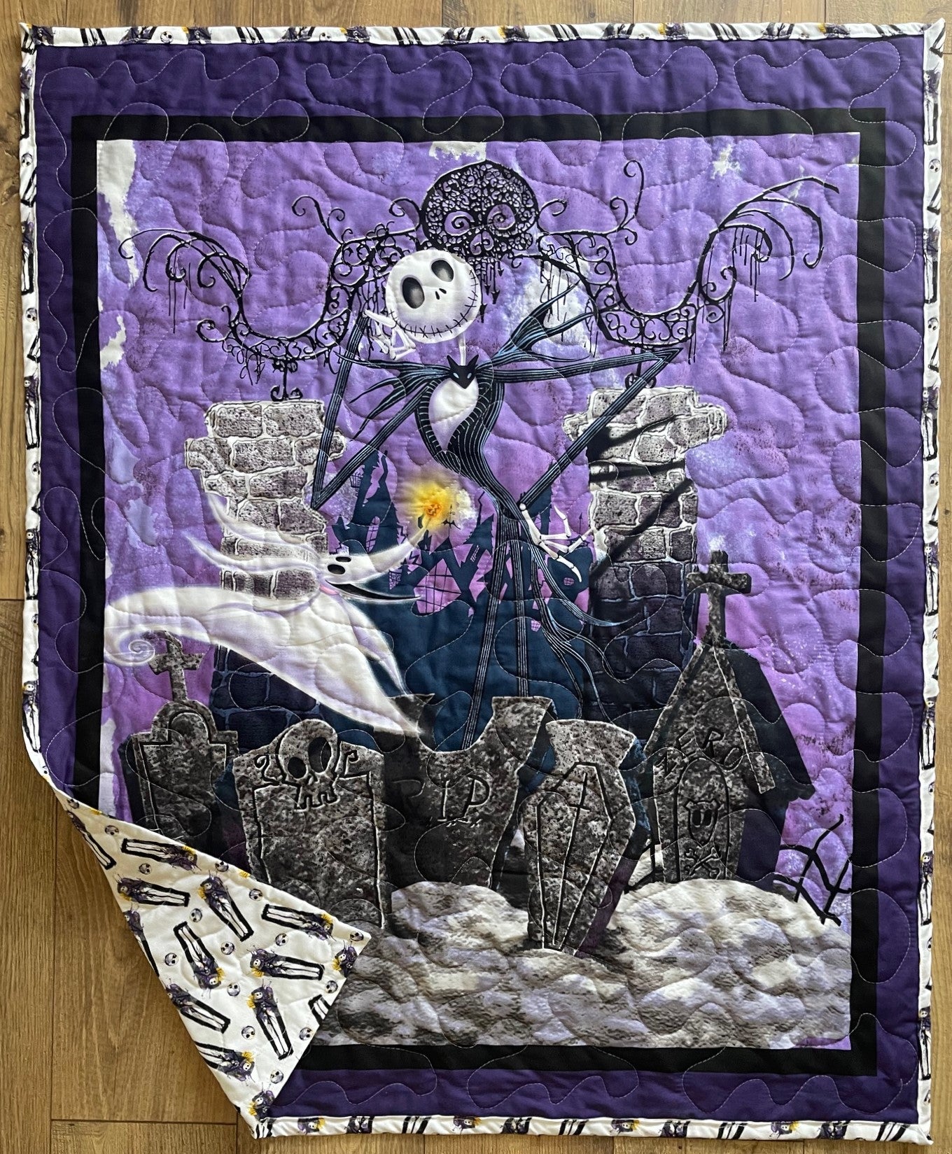 NIGHTMARE BEFORE CHRISTMAS JACK SKELLINGTON & ZERO GRAVEYARD COFFINS Inspired Quilted Blanket
