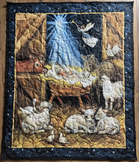 CHRISTMAS NATIVITY IN MANGER BARN SCENE BEAUTIFUL QUILTED BLANKET