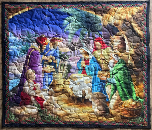 CHRISTMAS NATIVITY MANGER SCENE BEAUTIFUL BRIGHT QUILTED BLANKET