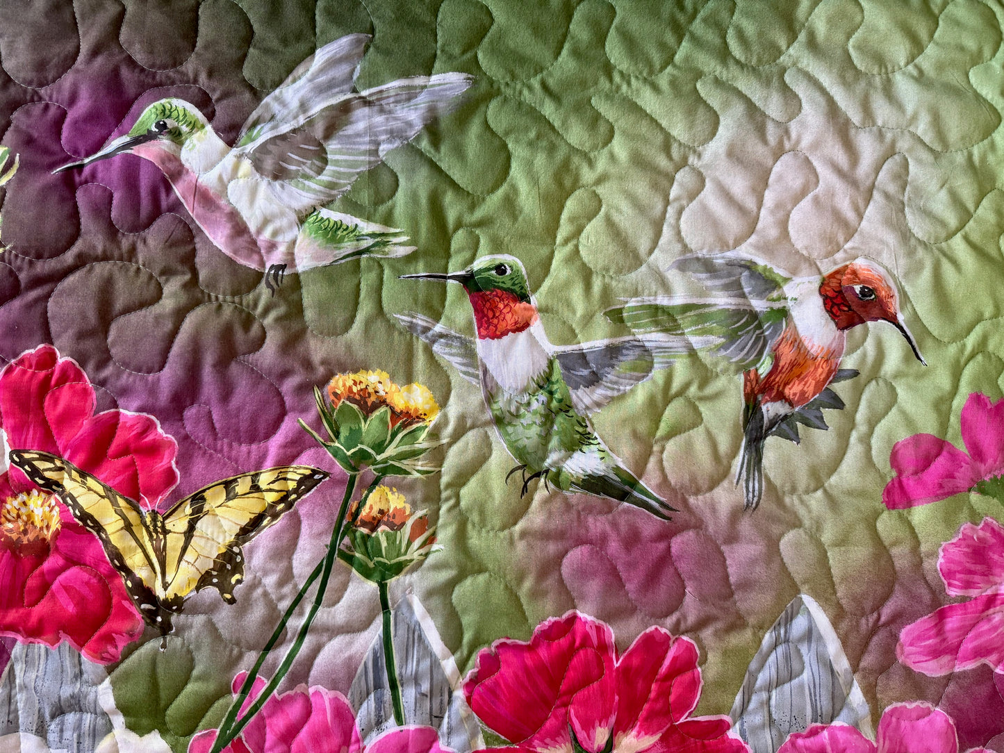 BEAUTIFUL FLORAL, HUMMINGBIRDS & BUTTERFLY COSMO GARDEN QUILTED BLANKET WALLHANGING