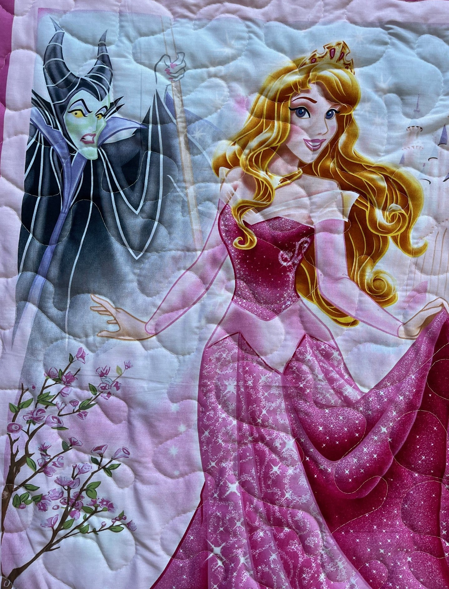 SLEEPING BEAUTY PRINCESS AURORA, BRIAR ROSE with FAIRY GODMOTHERS & MALEFICENT Inspired Quilted Blanket
