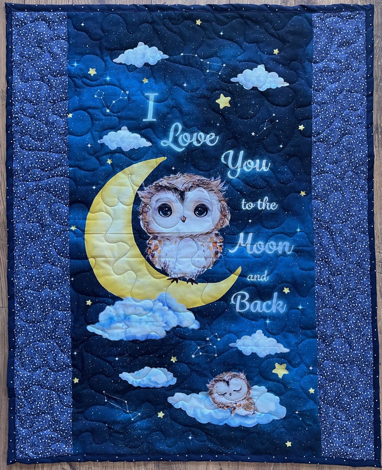 I LOVE YOU TO THE MOON AND BACK OWL FAMILY QUILTED BLANKET