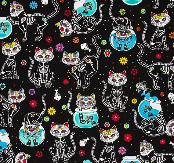 CAT DAY OF THE DEAD FABRIC CAT AND DOG BANDANAS Easy Slide over Collar
