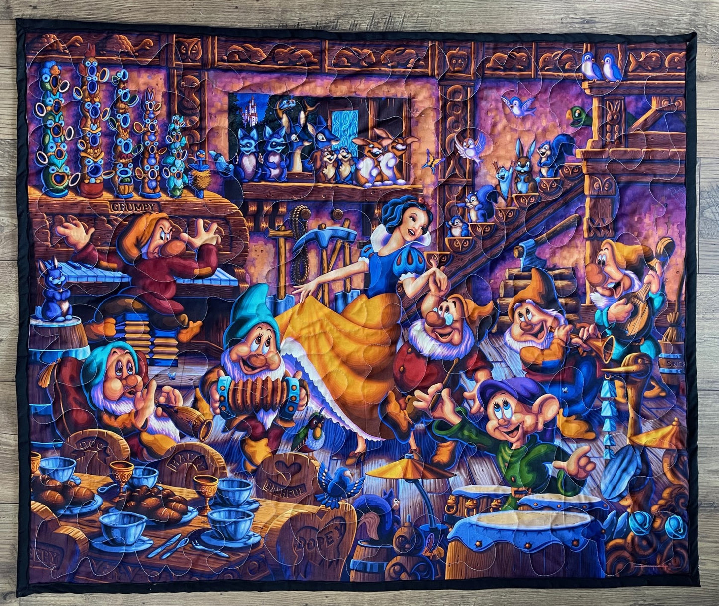 SNOW WHITE & SEVEN DWARFS DANCING Inspired Quilted Blanket 36"x44" DIGITAL PRINTED FABRIC