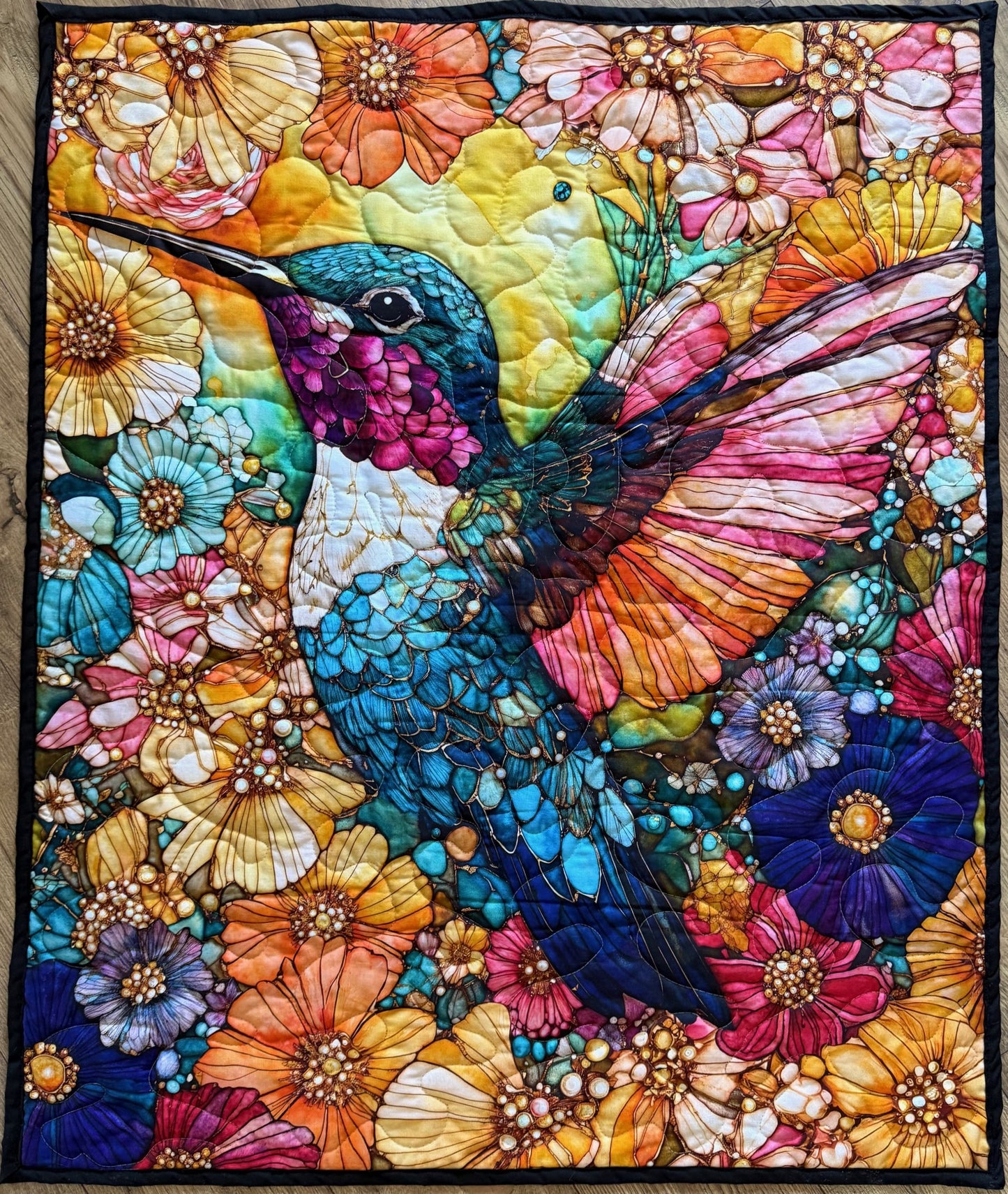 BEAUTIFUL FLORAL HUMMINGBIRDS GARDEN QUILTED BLANKET