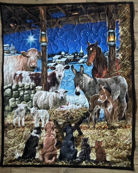 CHRISTMAS NATIVITY ANIMALS IN MANGER SCENE BEAUTIFUL QUILTED BLANKET