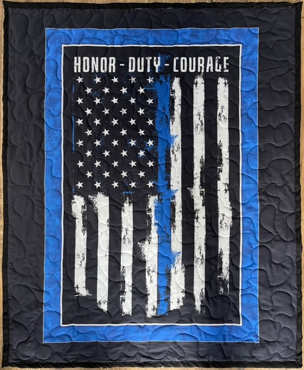 FIRST RESPONDER POLICE THIN BLUE LINE FLAG *HONOR DUTY COURAGE* QUILTED BLANKET