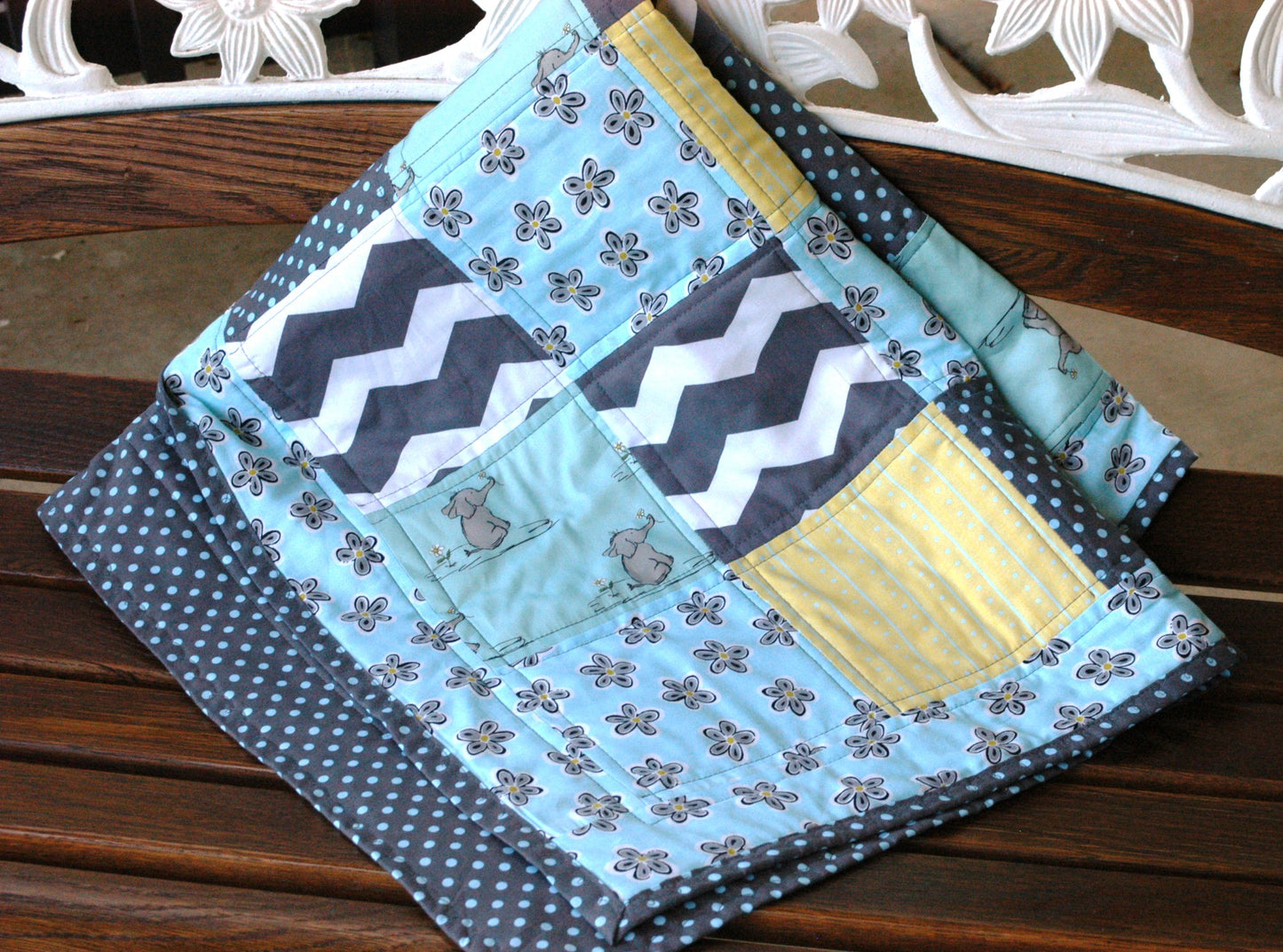 lephant Flowers Patchwork Blocks Boho Quilt Blanket
