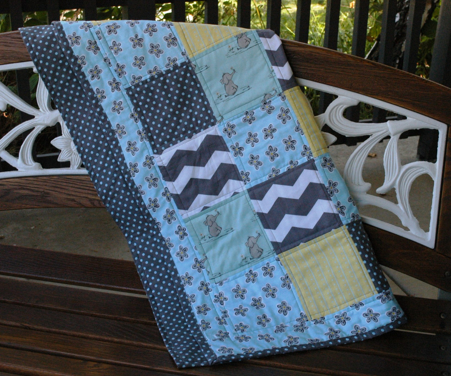 Elephant Flowers Patchwork Blocks Boho Quilt Blanket