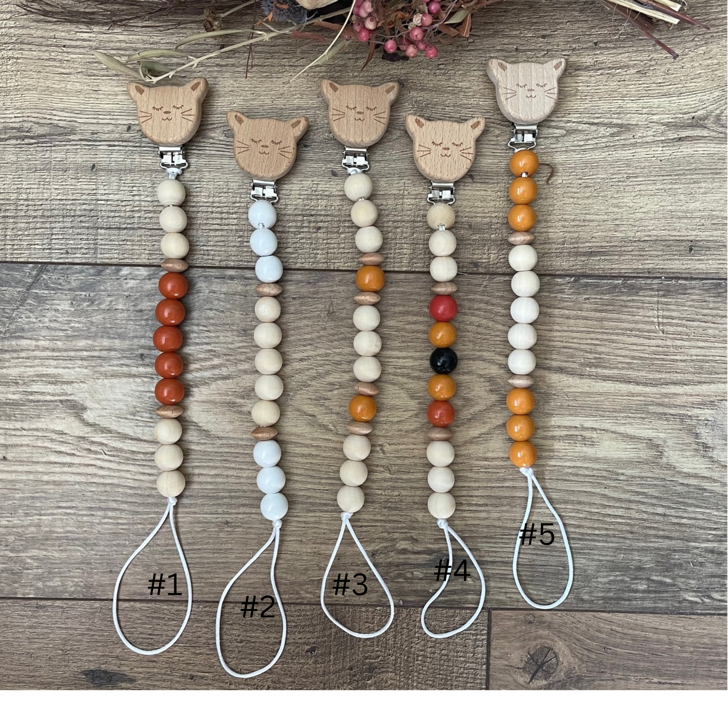Kitty Cats Wooden Beaded Pacifier Clips Teether Toy Leash