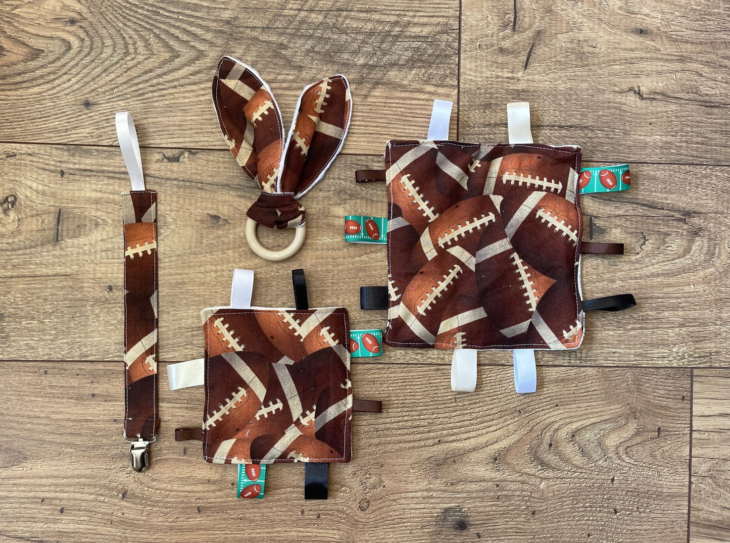 FOOTBALL Sports Baby Sensory Crinkle Toy with Ribbons, Pacifier Clip & Teether