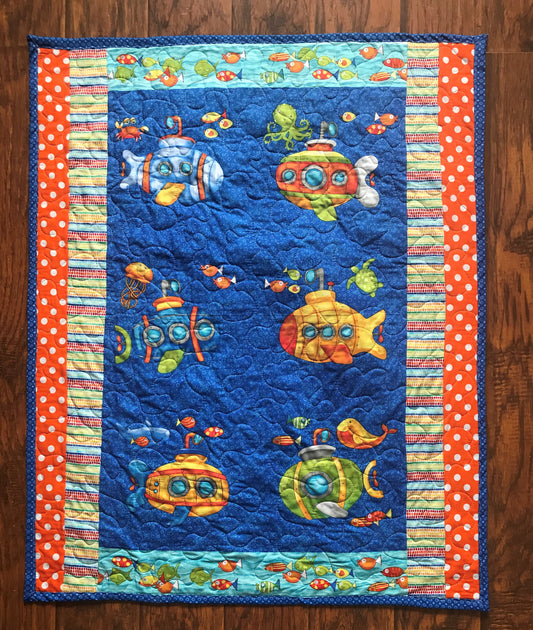 Nautical Submarine Adventure Fish, Turtles Jellyfish Quilted Blanket