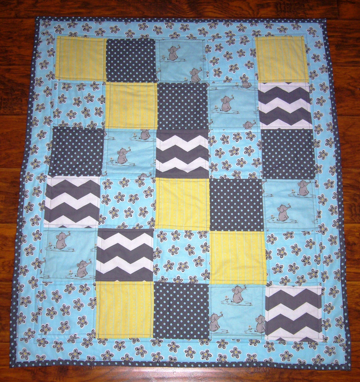 Elephant Flowers Patchwork Blocks Boho Quilt Blanket
