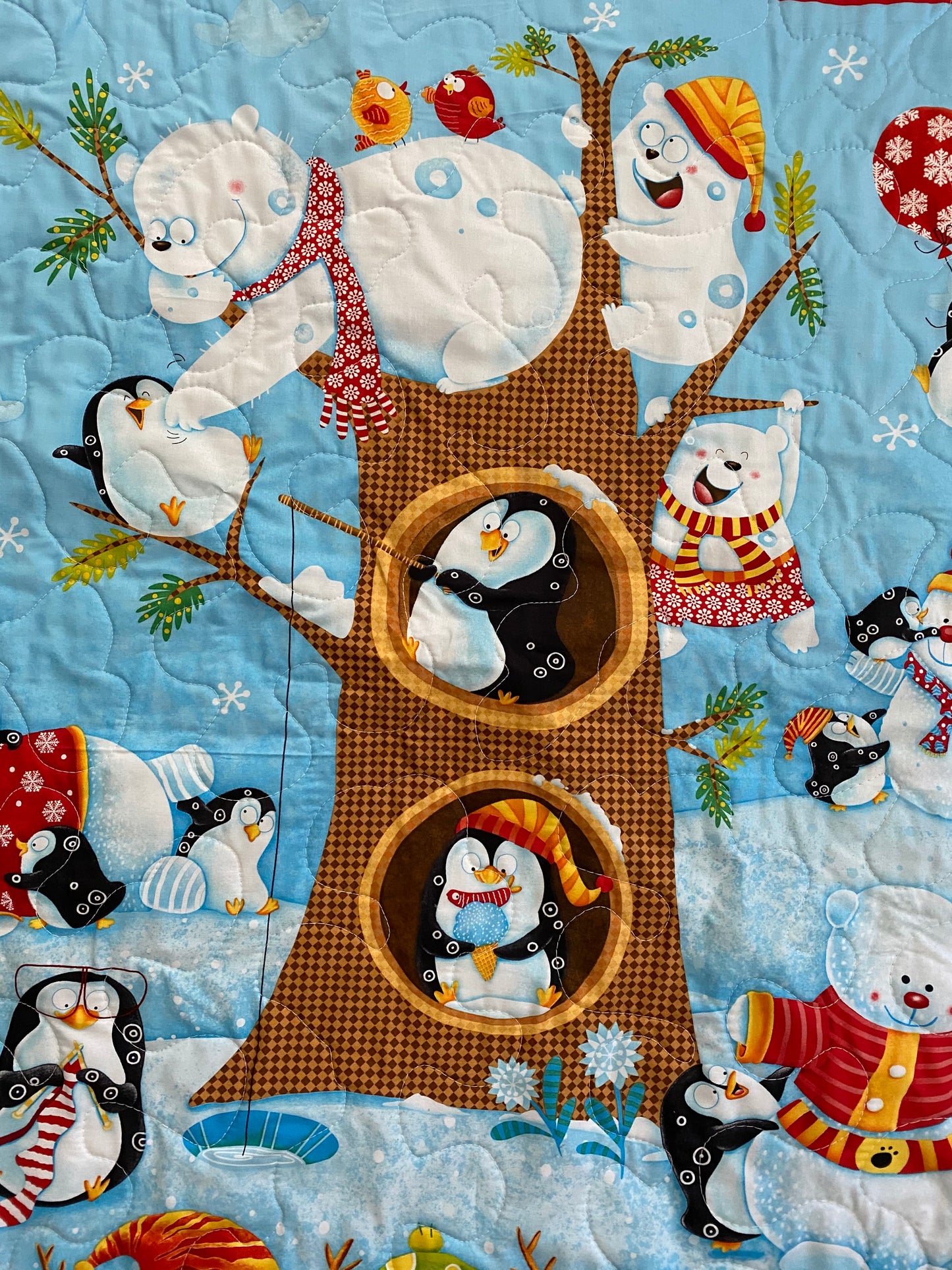 Winter Nature Snow Fun Quilted Blanket Polar Bear, Penguins, Snowman Snowflakes