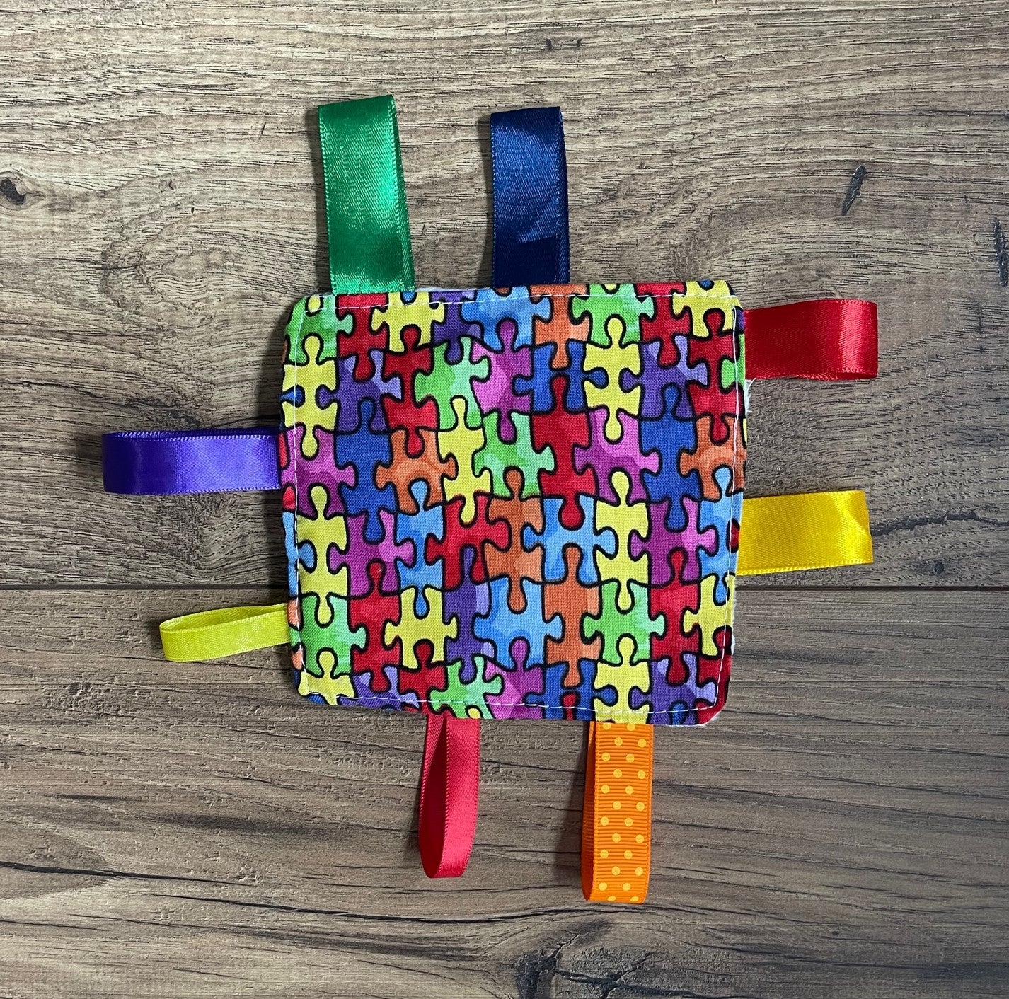 AUTISM PUZZLE PIECES Baby Sensory Crinkle Toy with Ribbons